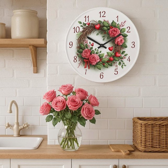 Relógio Grande Coroa de Rosas com Corações Vermelhos  (Farmhouse-chic design featuring a pink rose wall clock, making it an ideal housewarming gift)