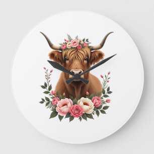 Relógio Grande Coroa Floral Vintage Vaca das Terras Altas Boho Ca