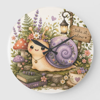 Relógio Grande Cottagecore Caprichoso Arte em Aquarela de Caracol