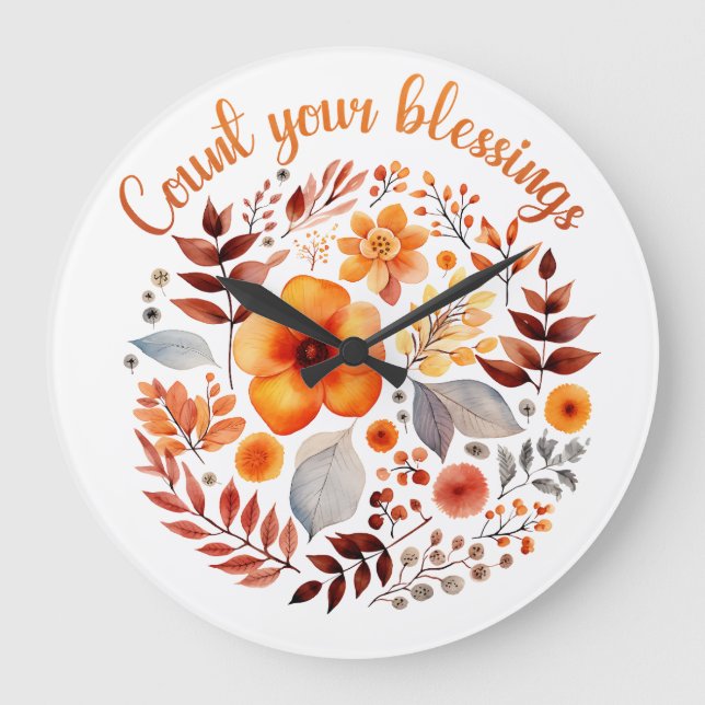 Relógio Grande Count Your Blessings – Autumn Floral Wreath (Frente)