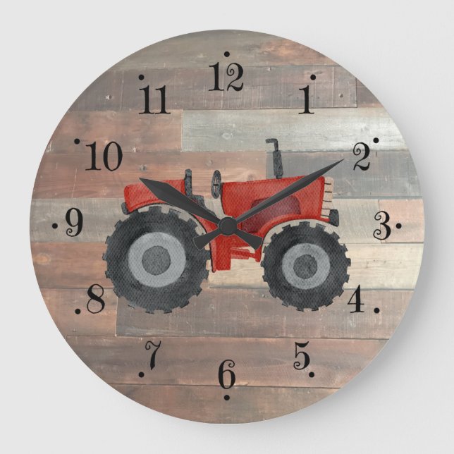 Relógio Grande Country Farmhouse Red Tractor Faux Wood Wall Clock (Frente)