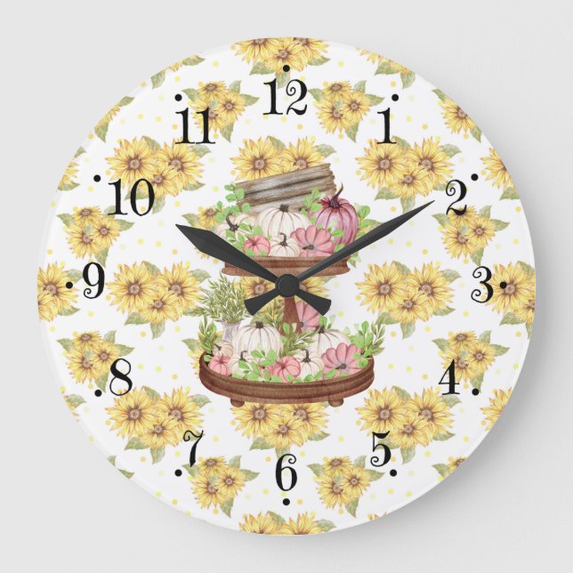 Relógio Grande Country Pumpkin And Sunflowers Wall Clock (Frente)