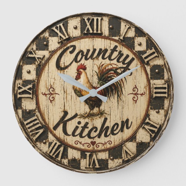 Relógio Grande Country Rooster Rustic Farmhouse Kitchen (Frente)