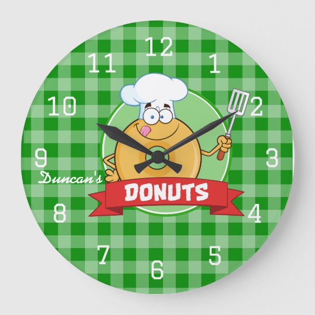 Relógio Grande Cozinha de Donuts Chef Green Gingham (Frente)