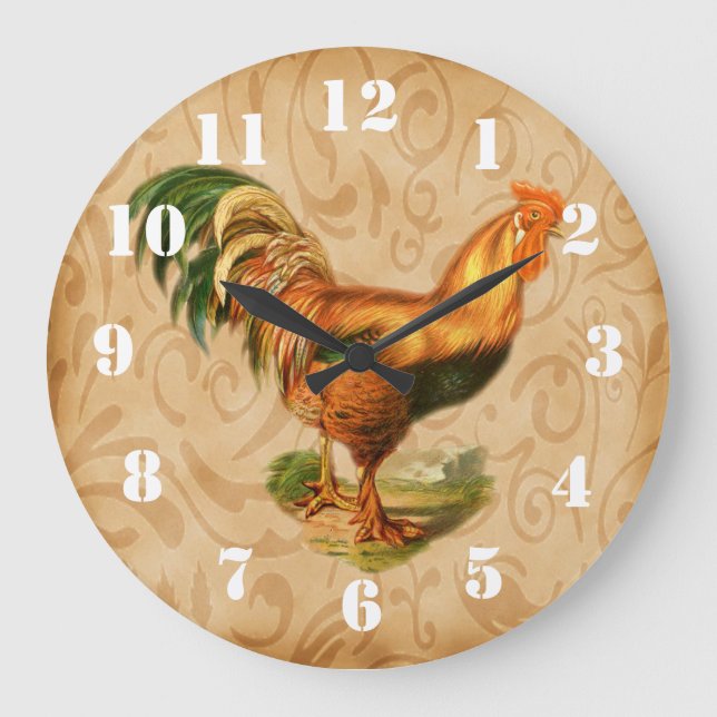 Relógio Grande Cozinha Ornamentado Rustic Country Rooster (Frente)