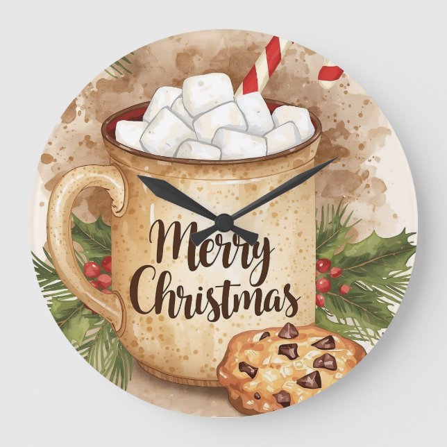Relógio Grande Cozy cocoa merry christmas holly cookie festive (Frente)