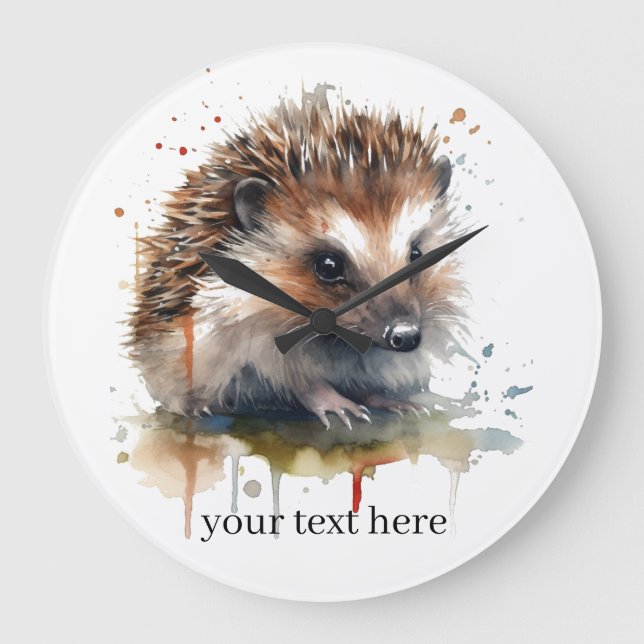 Relógio Grande Cozy Critter: Hedgehog em Watercolor, personalizad (Frente)