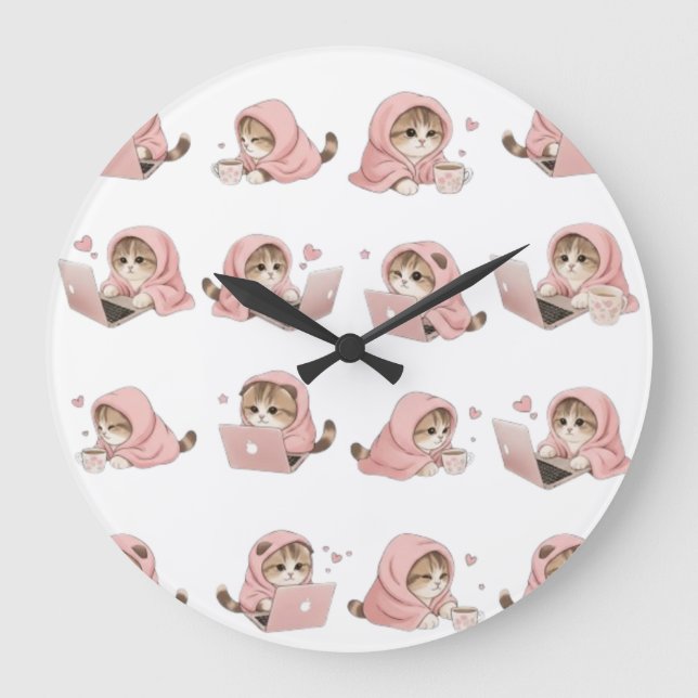 Relógio Grande Cozy Gaming Cat Pattern - Aesthetic Pink Hoodie Ki (Frente)