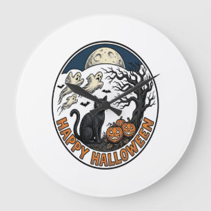 Relógio Grande Crachá de Gato Vintage de Halloween Fantasma ao Lu