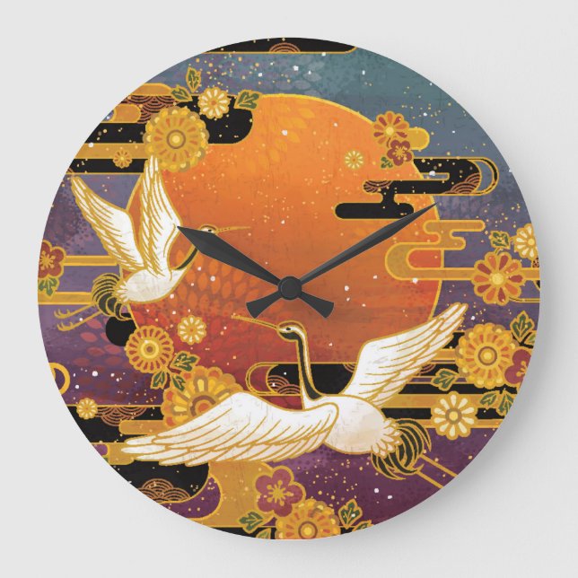 Relógio Grande Crane Bird Chrysanthemum Padrão Japonês (Frente)