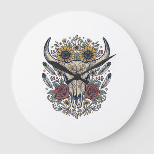 Relógio Grande Crânio de Touro Floral Vintage Ocidental