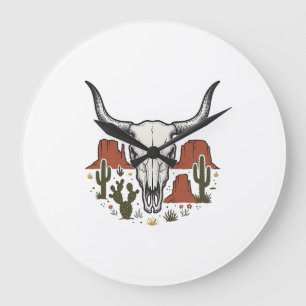 Relógio Grande Crânio de Vaca do Deserto Arte Vintage Cacto Sudoe
