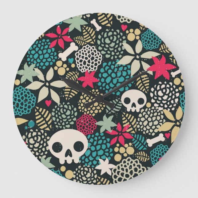 Relógio Grande Crânio nas flores (Frente)