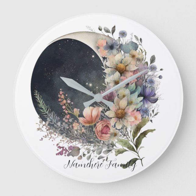 Relógio Grande Create Your Own Midnight Floral Crescent Moon (Frente)