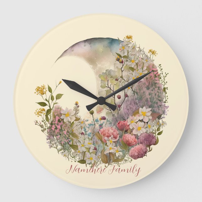 Relógio Grande Create Your Own Wildflowers Floral Crescent Moon (Frente)