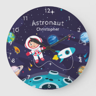 Relógio Grande Criança astronauta na lua, nome monograma