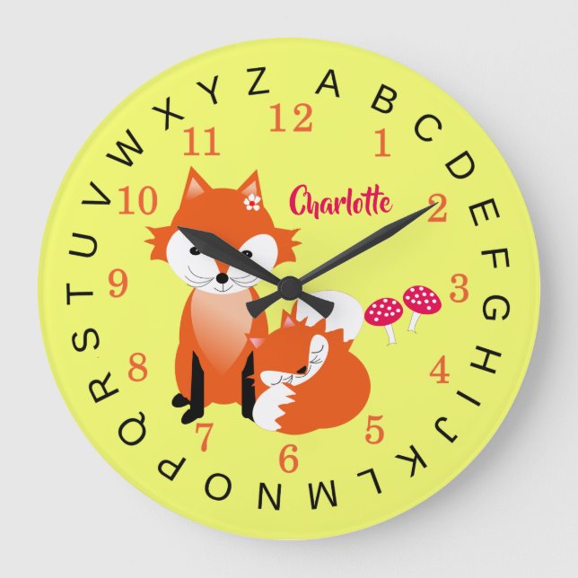 Relógio Grande Crianças: Alphabet Cute Fox Personalizada (Frente)