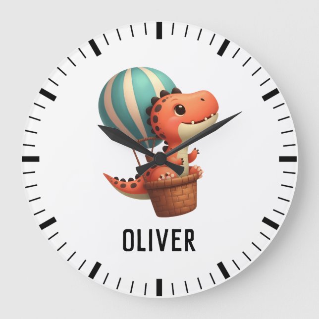 Relógio Grande Crianças Cute Dino voando num balão de ar quente (Frente)