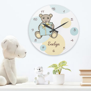 Relógio Grande Crianças Pastel Blue e Yellow Cute Bear