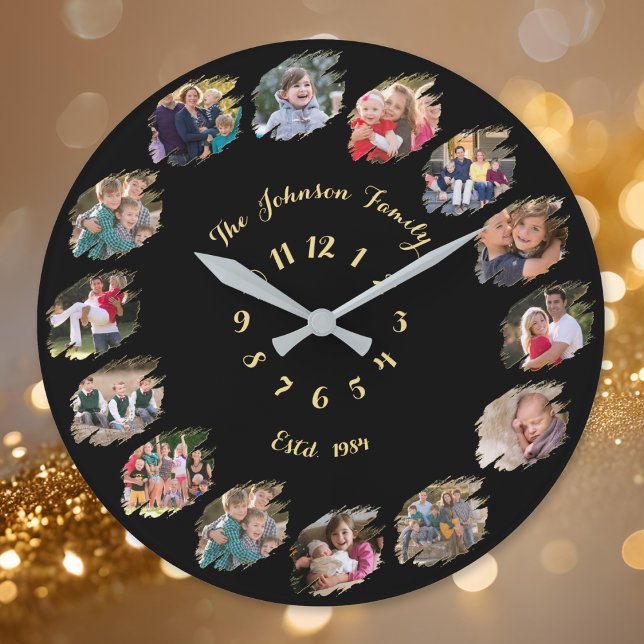 Relógio Grande Criar Colagem Personalizada de Fotos da Família Pe (Create Personalized Custom Family Photo Collage Large Clock)