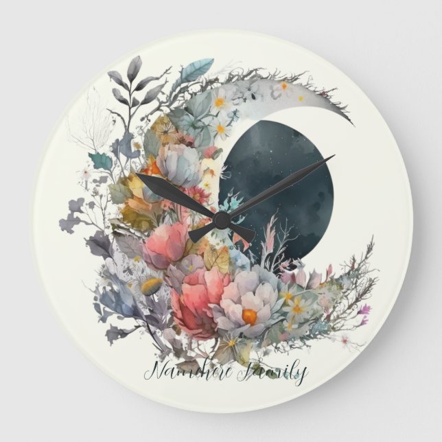 Relógio Grande Crie seu próprio Crescente Lunar Floral com Tons d (Frente)