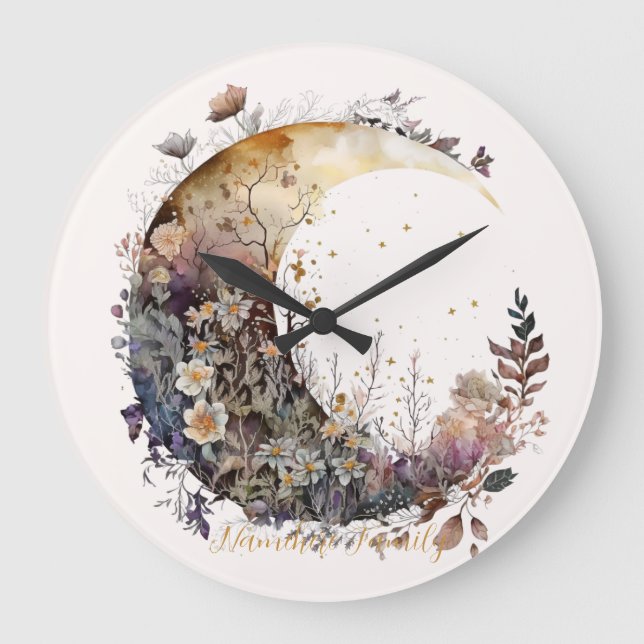 Relógio Grande Crie Seu Próprio Crescente Lunar Floral de Pôr do  (Frente)