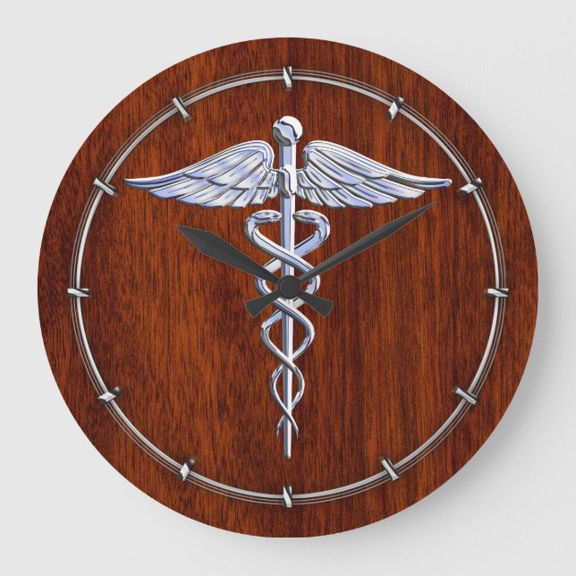 Relógio Grande Cromo Como Caduceus Símbolo Médico Decor Mahogany (Frente)