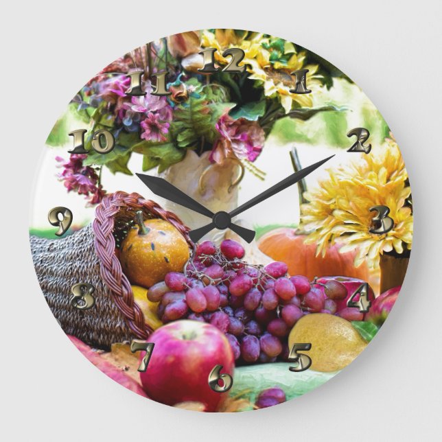 Relógio Grande Cronucopia de Ação de Graças com Frutas e Flores (Frente)
