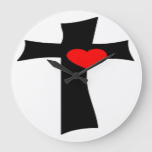RELÓGIO GRANDE CRUZ COM CORAÇÃO VERMELHO