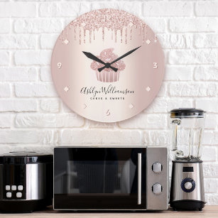 Relógio Grande Cupcake de padaria Chef Rosa de cozinha Dourada Gl
