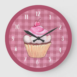 Relógio Grande Cupcake - Deserto De Panificação De Gingham Rosa