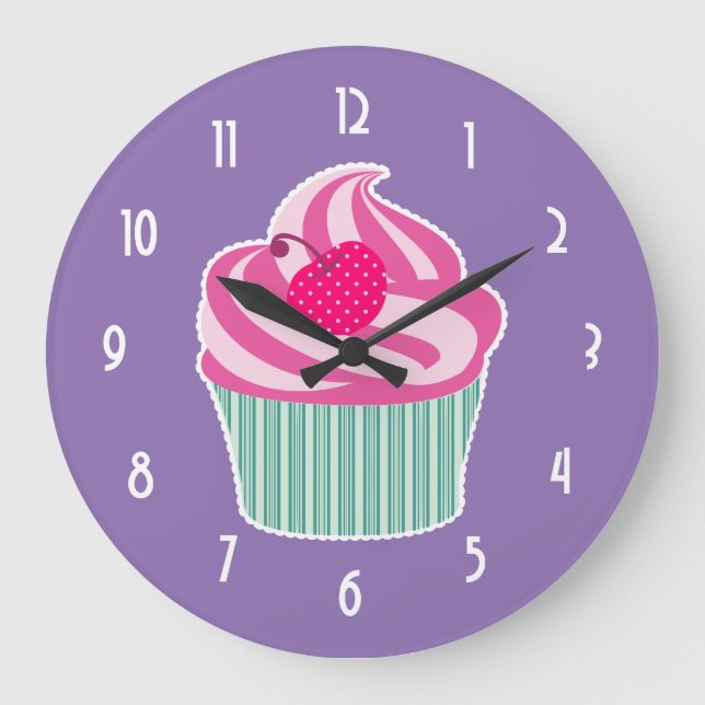 Relógio Grande Cupcake rosa WIth Bolinhas Cherry (Frente)