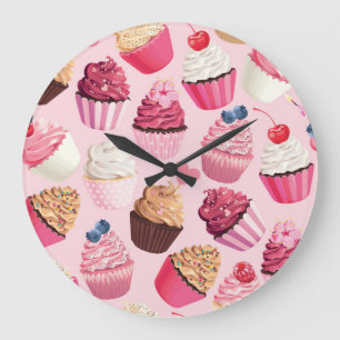 Relógio Grande Cupcakes Rosa Pastel: Padrão Vintage.