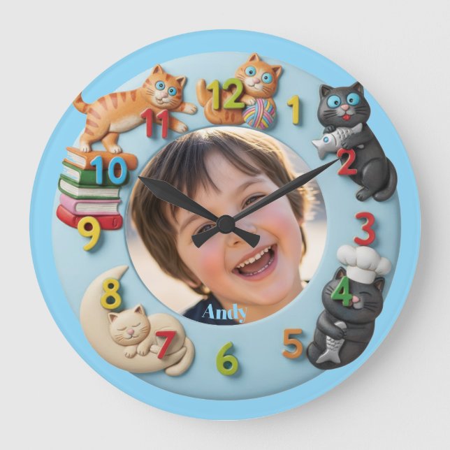 Relógio Grande Customizable Wall Clock for Kids with Funny Cats (Frente)