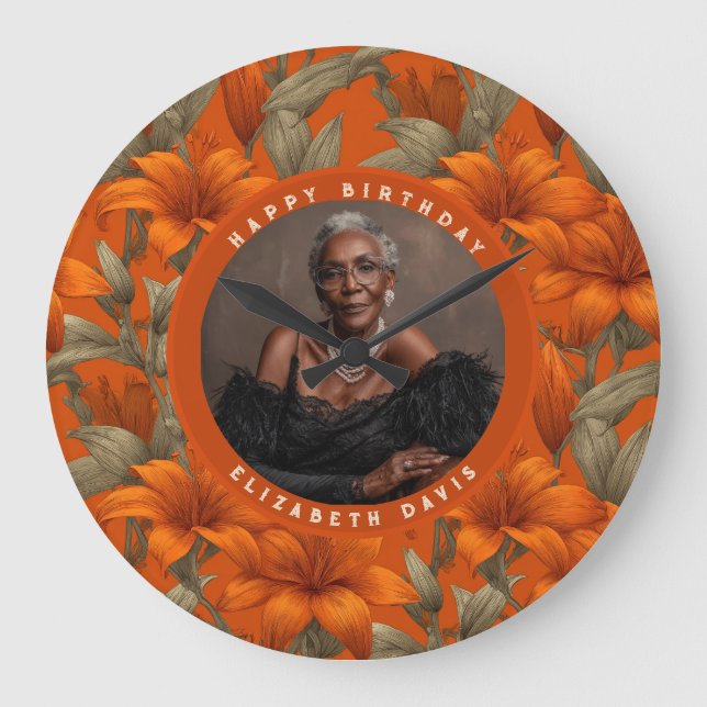 Relógio Grande Customized Custom Lilies Flower Birthday Party (Frente)