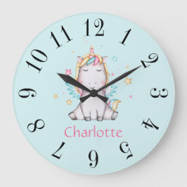 Relógio Grande Cute Baby Unicorn Personalizou Large Teal Clock