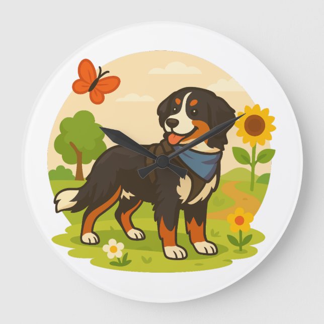 Relógio Grande Cute Bernese Mountain Dog with Sunflower & Butterf (Frente)