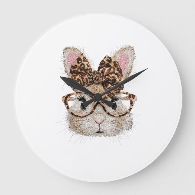Relógio Grande Cute Bunny Rabbit Face Leopard Coquette Bow Glasse (Frente)
