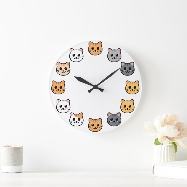 Relógio Grande Cute Cartoon Cat Faces Kawaii Feline Wall Clock (Lar)