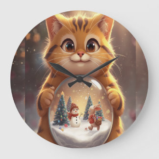 Relógio Grande Cute Christmas Cat Holding Snow Globe Art