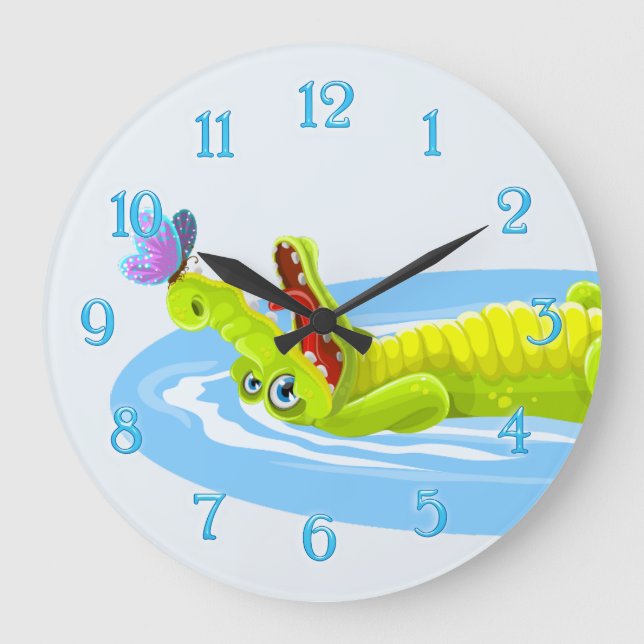 Relógio Grande Cute crocodile and butterfly cartoon wall clock (Frente)