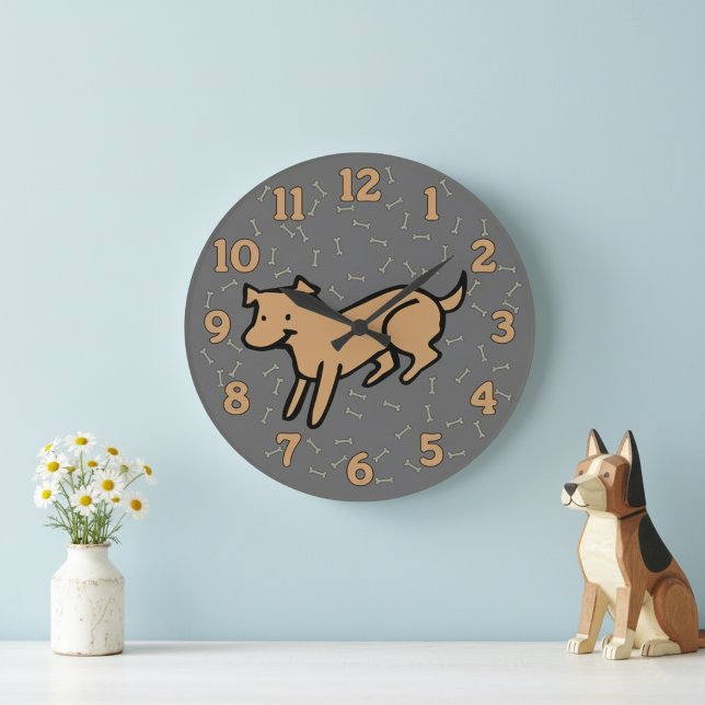 Relógio Grande Cute Dog Wall Clock with Large 12 Hour Numbers (Cute and whimsical playful dog wall clock for a dog lover's home.)