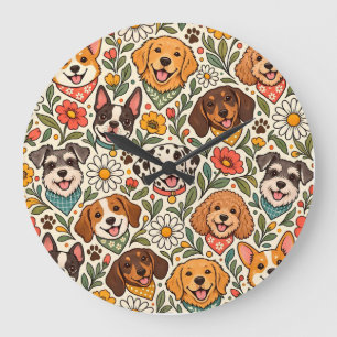 Relógio Grande Cute Dogs and Colorful Floral Pattern