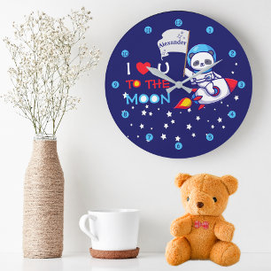 Relógio Grande Cute Panda Bear On Rocket Ship Kids Personalized