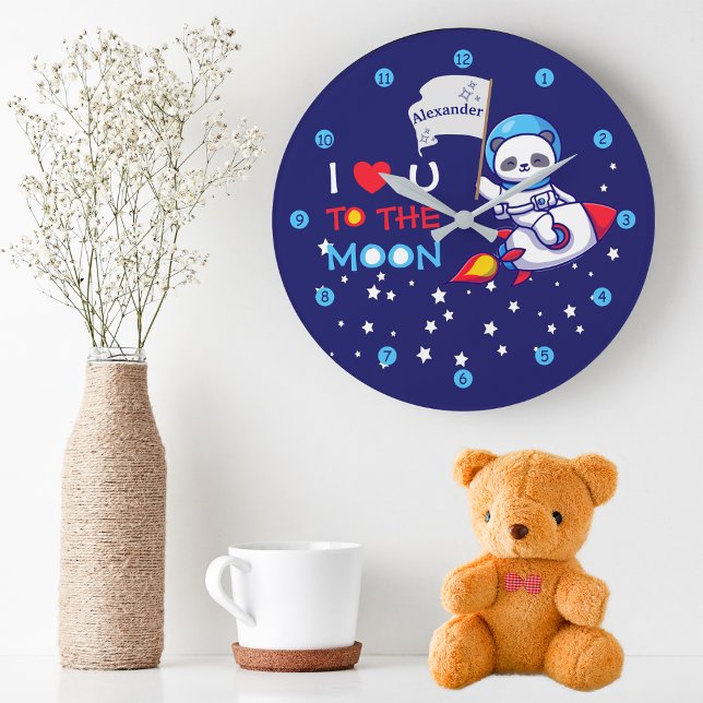 Relógio Grande Cute Panda Bear On Rocket Ship Kids Personalized (Criador carregado)