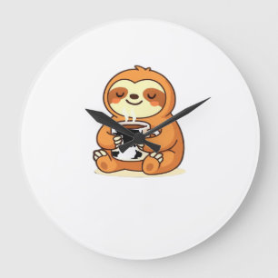 Relógio Grande Cute Sloth Relaxando com Café Quente Camiseta Prem