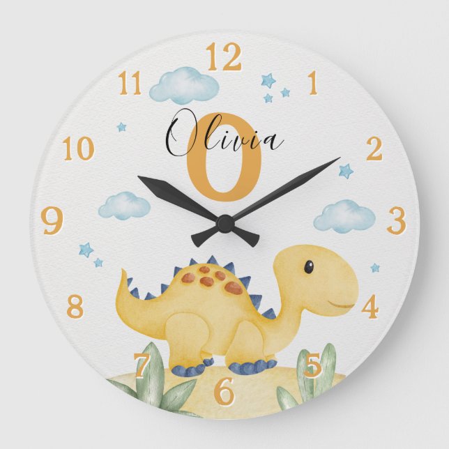 Relógio Grande Cute Yellow Dinosaur Nursery Large Clock Personali (Frente)