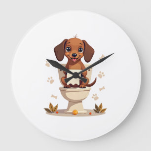 Relógio Grande Dachshund Fofo Antigo no Cartoon de Banheiro com V