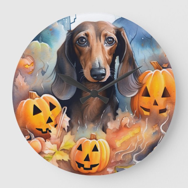 Relógio Grande Dachshund Halloween com Abóboras Assustador (Frente)