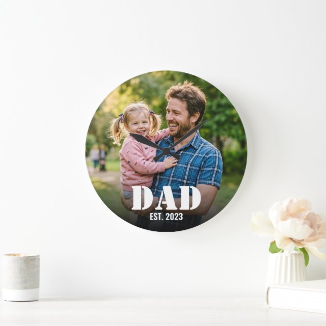 Relógio Grande Dad Established Simple Bold Typography & Photo (Lar)